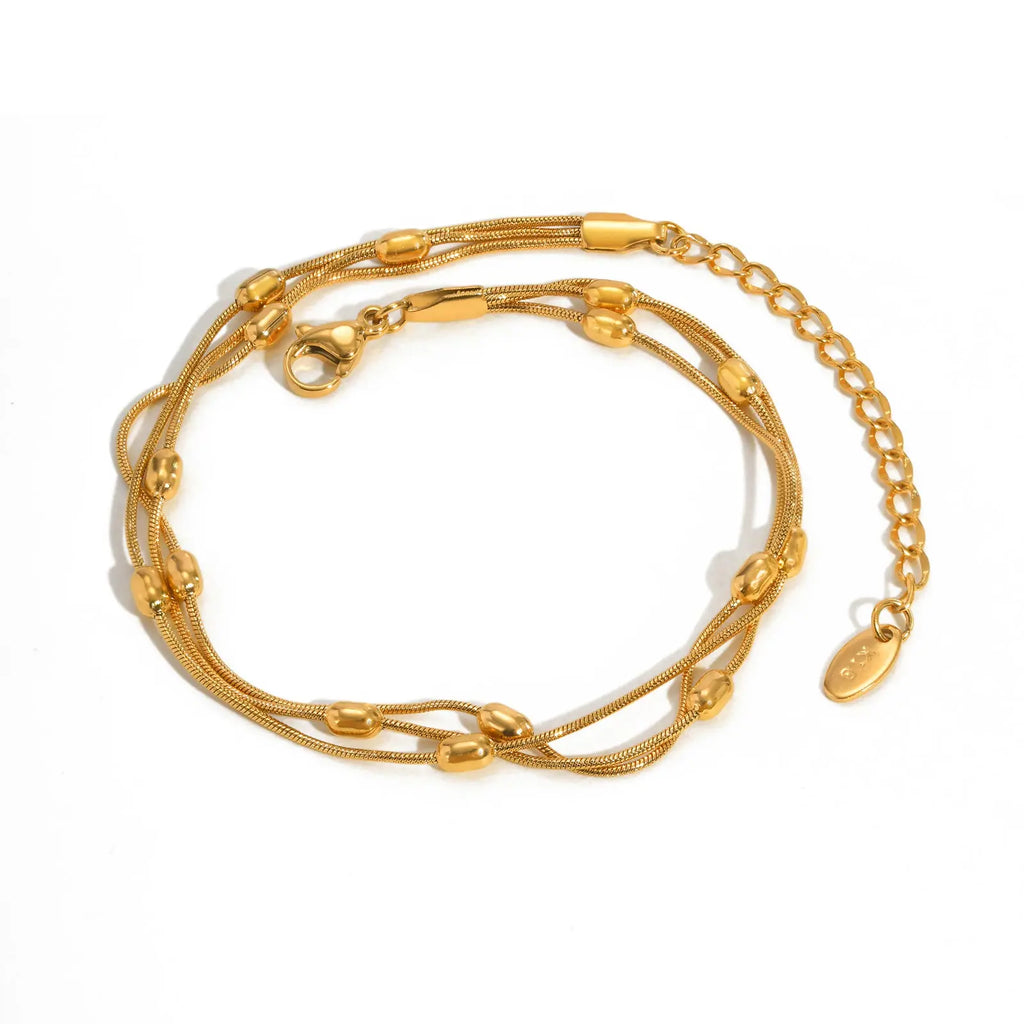 Three-Layer Rice Bead Anklet, Gold Color, Women’s Summer Jewelry Gift