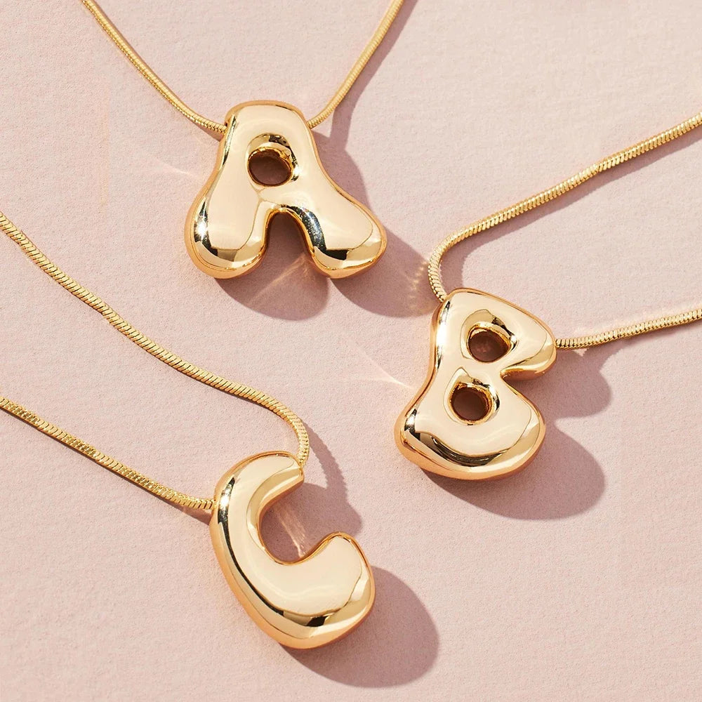 Gold Bubble Letter Initial Necklace