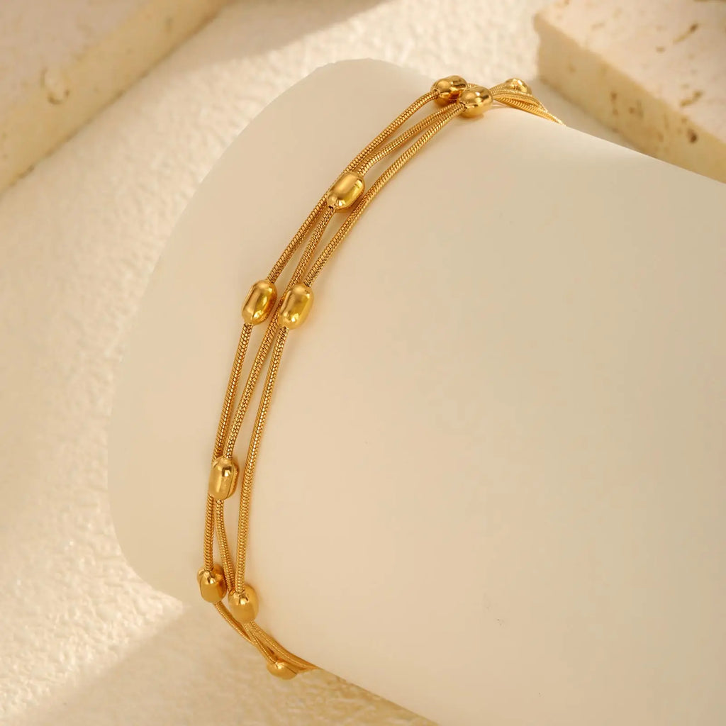 Three-Layer Rice Bead Anklet, Gold Color, Women’s Summer Jewelry Gift