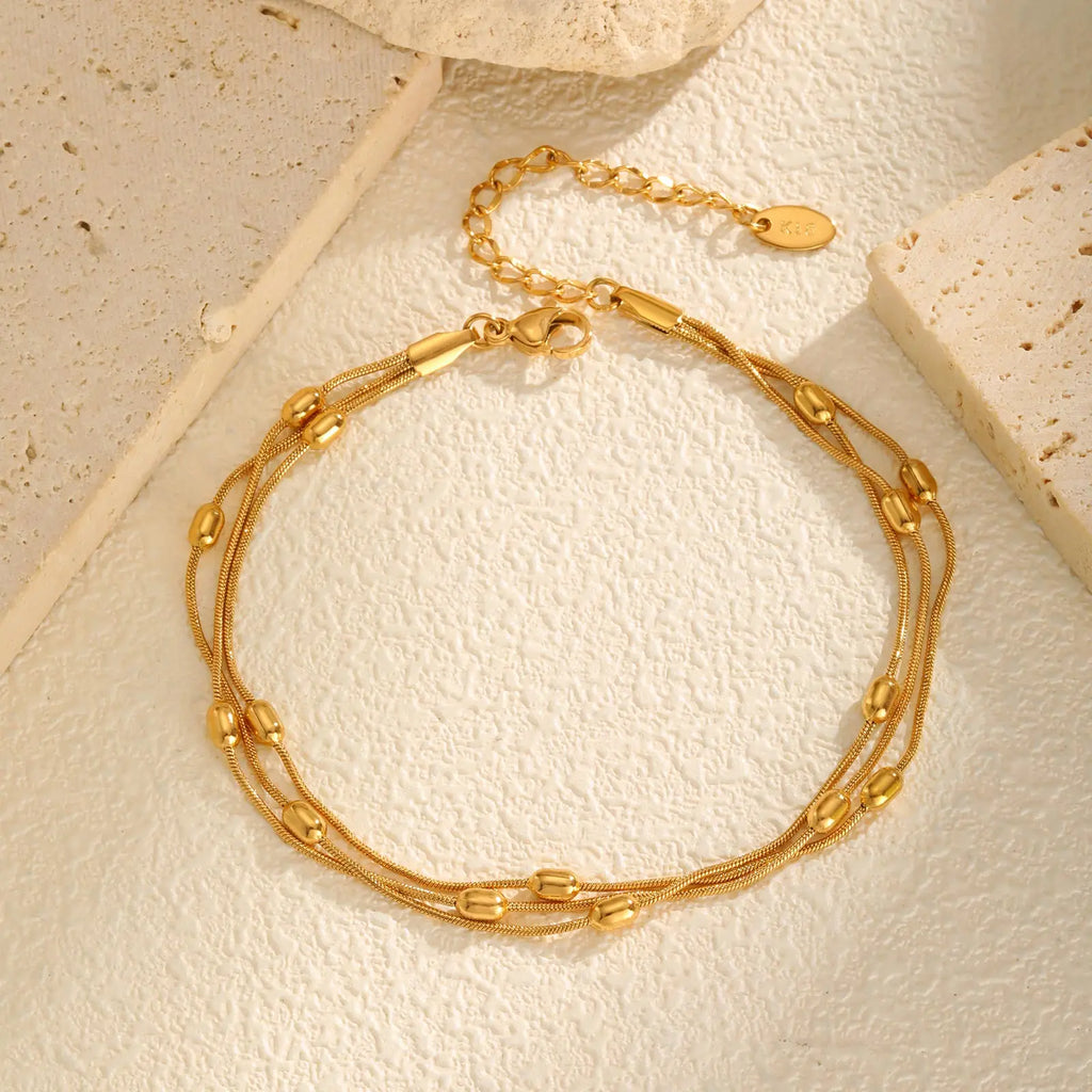Three-Layer Rice Bead Anklet, Gold Color, Women’s Summer Jewelry Gift