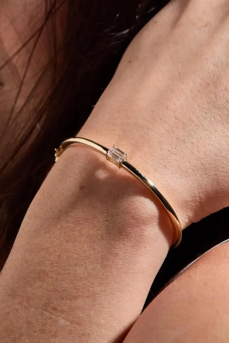 Geometric Gold & Silver Bangle, Minimalist Women’s Jewelry, Cubic Zircon Accent