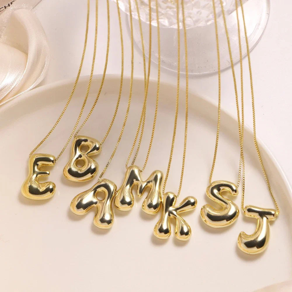 Gold Bubble Letter Initial Necklace