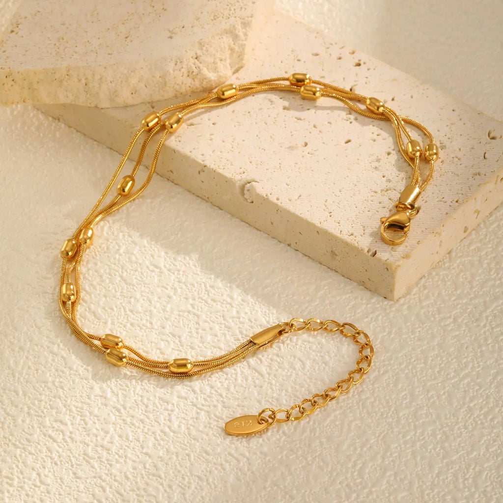 Three-Layer Rice Bead Anklet, Gold Color, Women’s Summer Jewelry Gift